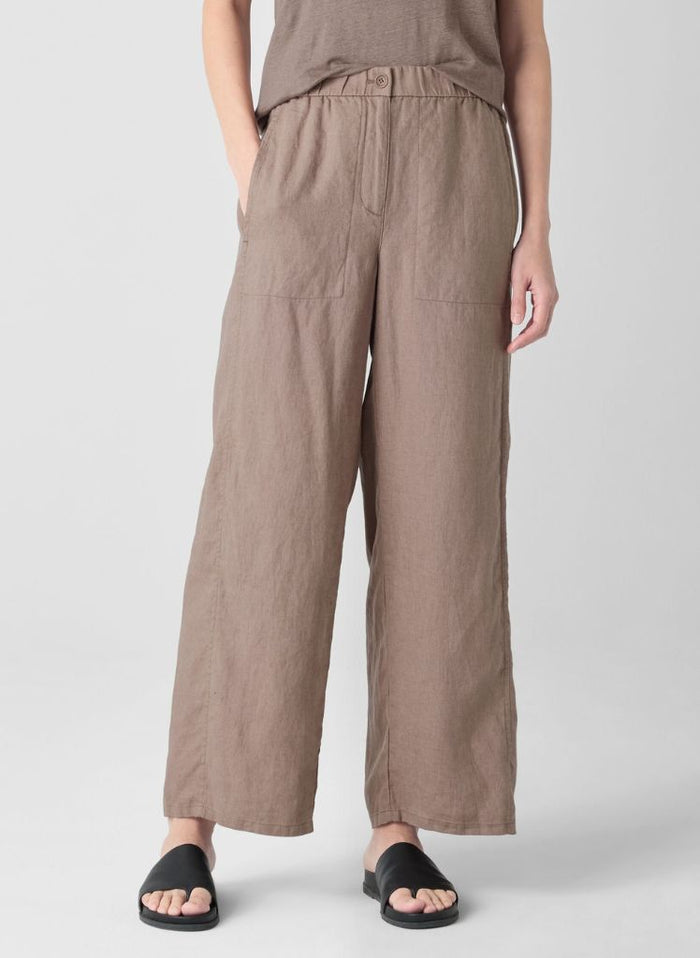 Wide Ankle Pant, shown in Cocoa, size XS on 5'9" model.  100% Organic Linen.
