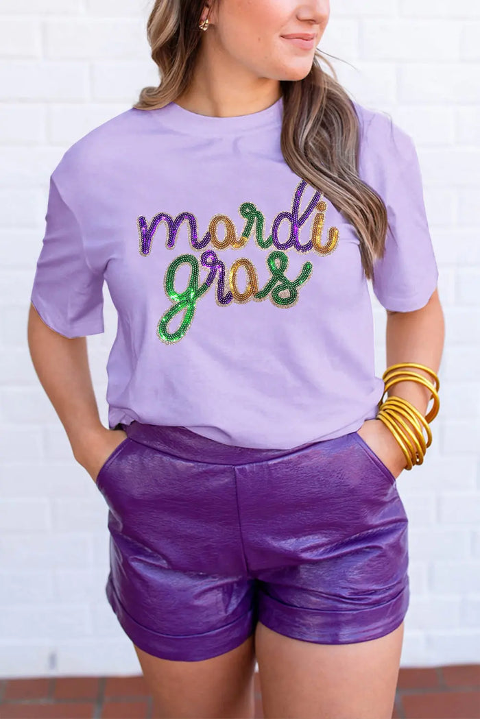 Wisteria Sequin mardi gras Graphic Shirt - S / 62% Polyester + 32% Cotton + 6% Elastane - Graphic/Graphic Tees
