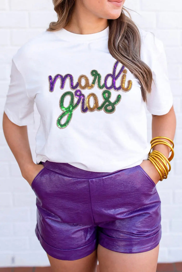 Wisteria Sequin mardi gras Graphic Shirt - White / S / 62% Polyester + 32% Cotton + 6% Elastane - Graphic/Graphic Tees