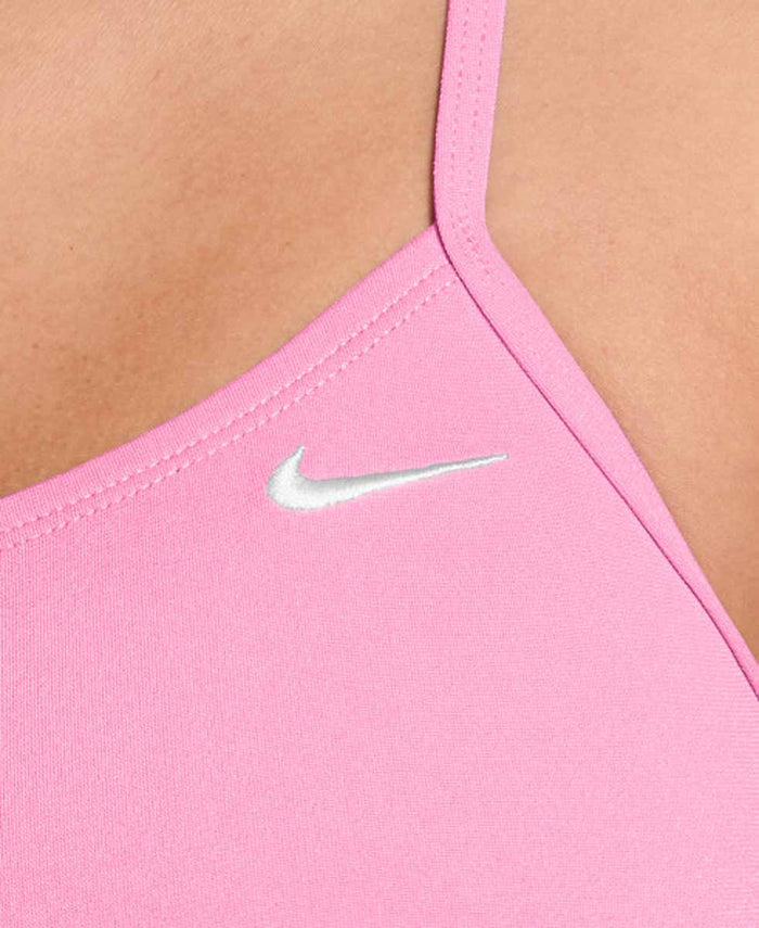 Nike women's Hydrastrong solid cut-out one-piece swimsuit in Pink Glow, featuring a sleek design and supportive fit.