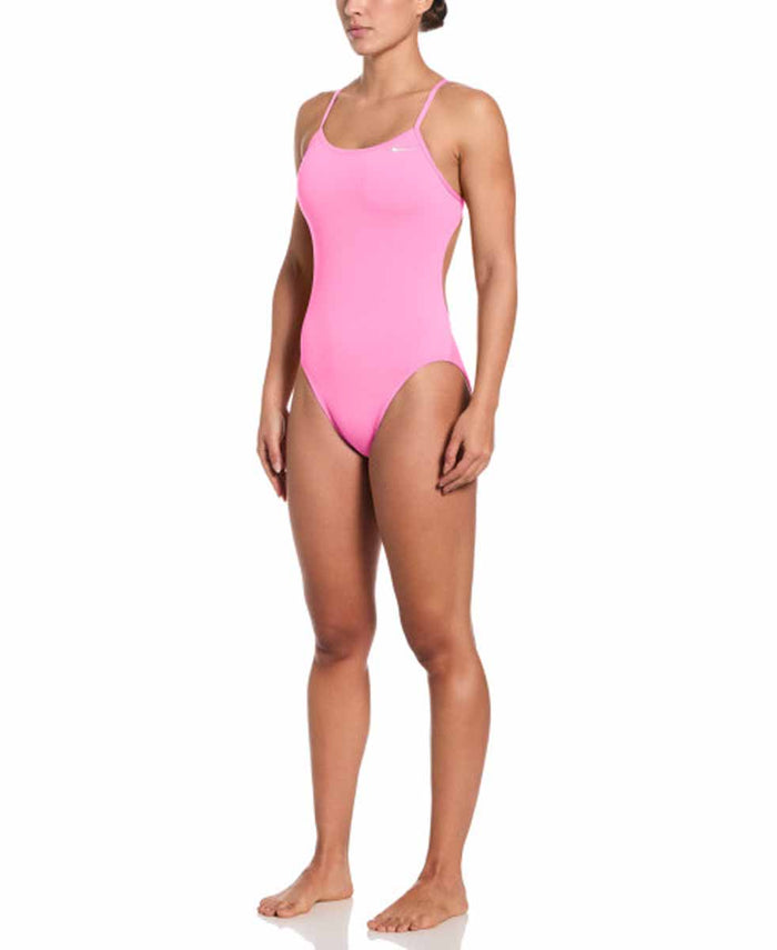 Nike women's pink glow Hydrastrong solid cut-out one-piece swimsuit with sleek design and sporty style.