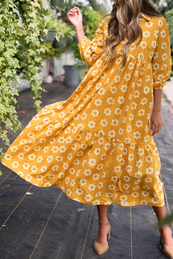 Yellow Flower Print Bracelet Sleeve Buttons Collared Maxi Dress - Orange / S / 100% COTTON - Dresses/Maxi Dresses