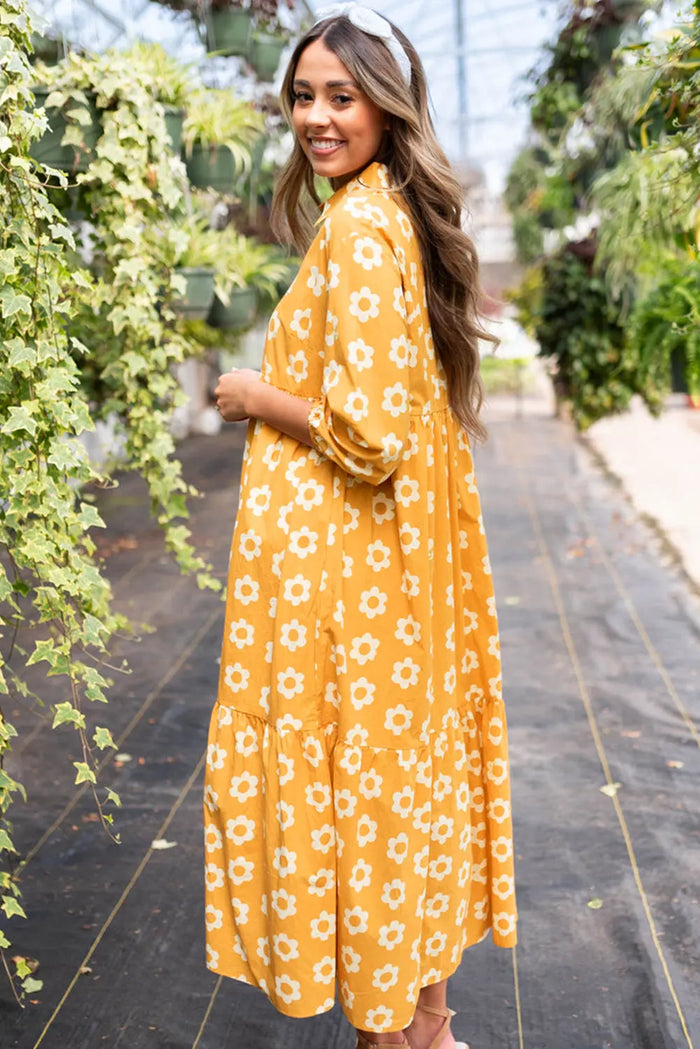 Yellow Flower Print Bracelet Sleeve Buttons Collared Maxi Dress - Dresses/Maxi Dresses