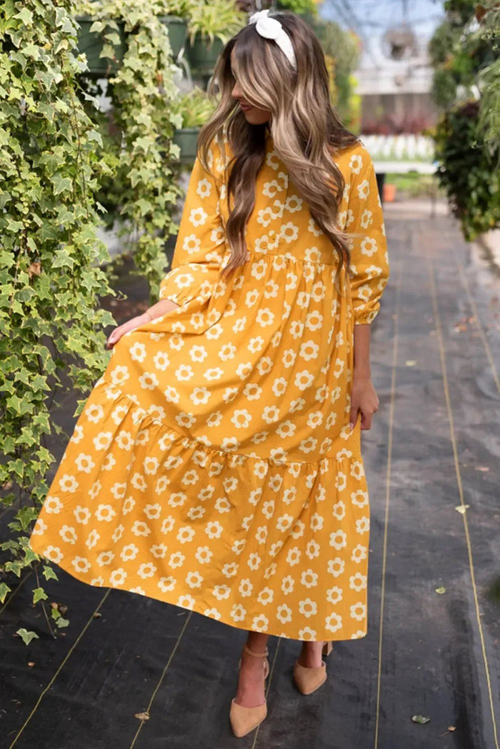 Yellow Flower Print Bracelet Sleeve Buttons Collared Maxi Dress - Dresses/Maxi Dresses