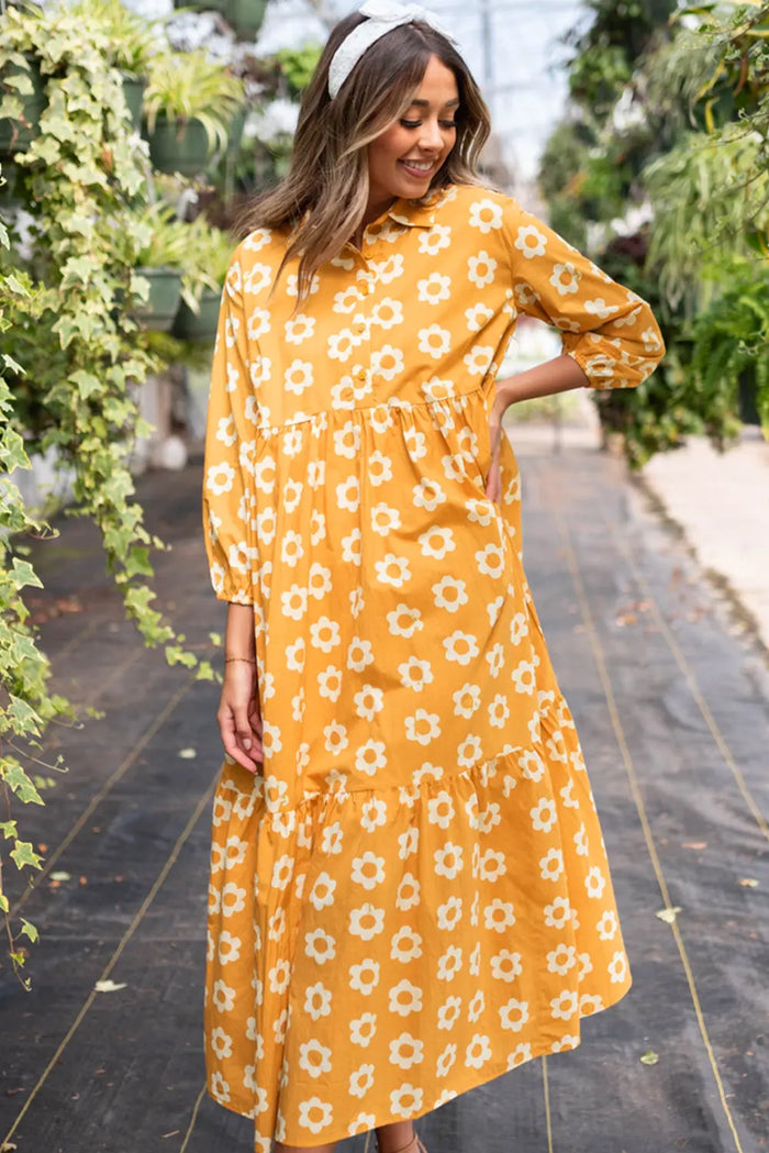 Yellow Flower Print Bracelet Sleeve Buttons Collared Maxi Dress - Dresses/Maxi Dresses