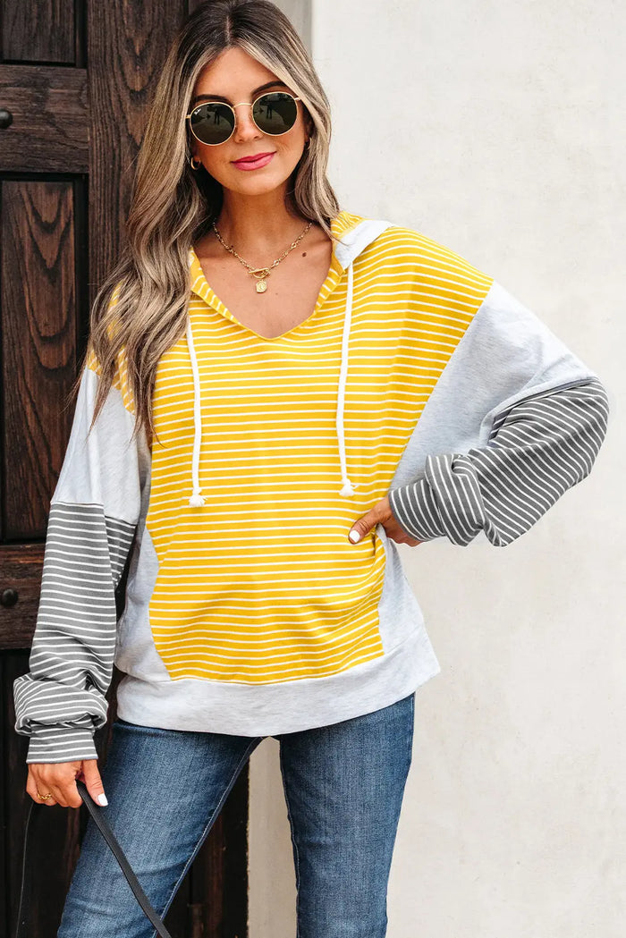 Yellow Stripe Drawstring V-Neck Loose Fit Hooded Top - S - Tops/Sweatshirts & Hoodies