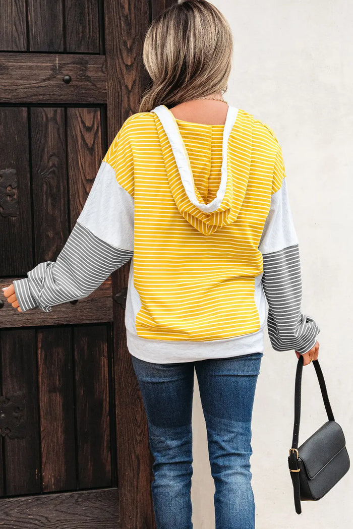 Yellow Stripe Drawstring V-Neck Loose Fit Hooded Top - Tops/Sweatshirts & Hoodies