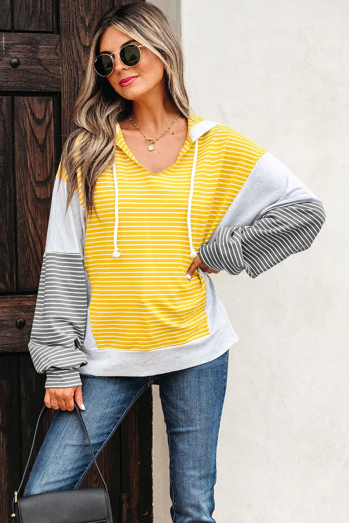 Yellow Stripe Drawstring V-Neck Loose Fit Hooded Top - Tops/Sweatshirts & Hoodies