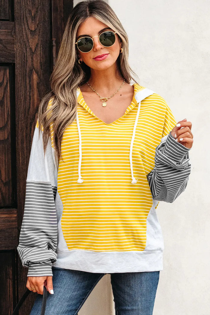 Yellow Stripe Drawstring V-Neck Loose Fit Hooded Top - Tops/Sweatshirts & Hoodies