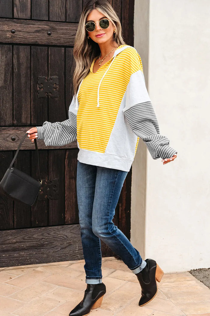 Yellow Stripe Drawstring V-Neck Loose Fit Hooded Top - Tops/Sweatshirts & Hoodies