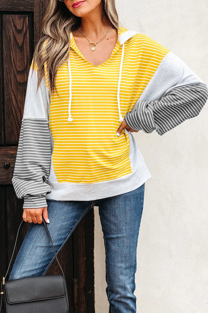 Yellow Stripe Drawstring V-Neck Loose Fit Hooded Top - Tops/Sweatshirts & Hoodies