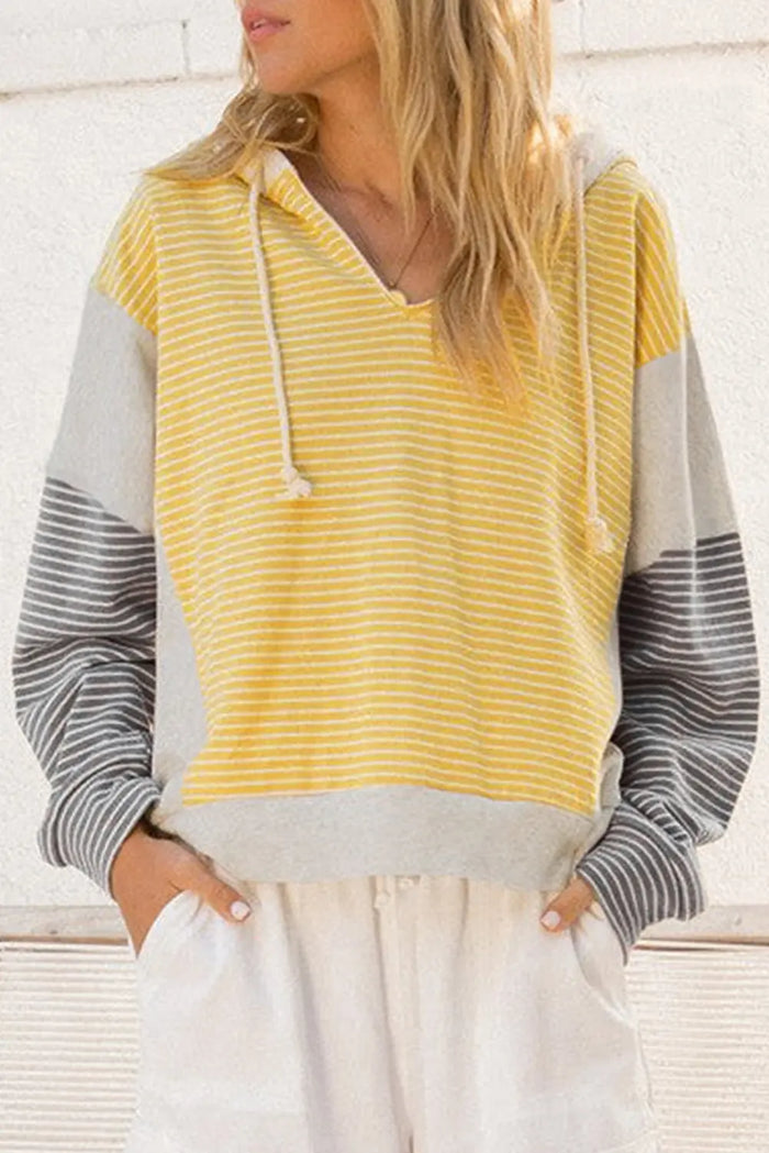 Yellow Stripe Drawstring V-Neck Loose Fit Hooded Top - Tops/Sweatshirts & Hoodies