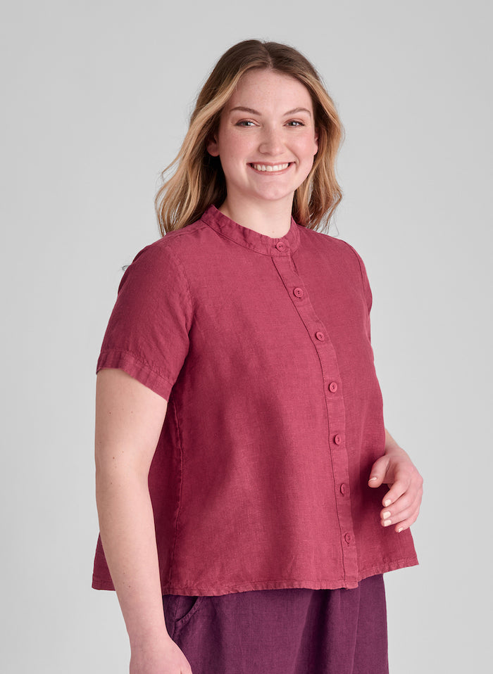 Zdenka Blouse, shown in Cranberry, size Small.  Model is 5'8" tall.