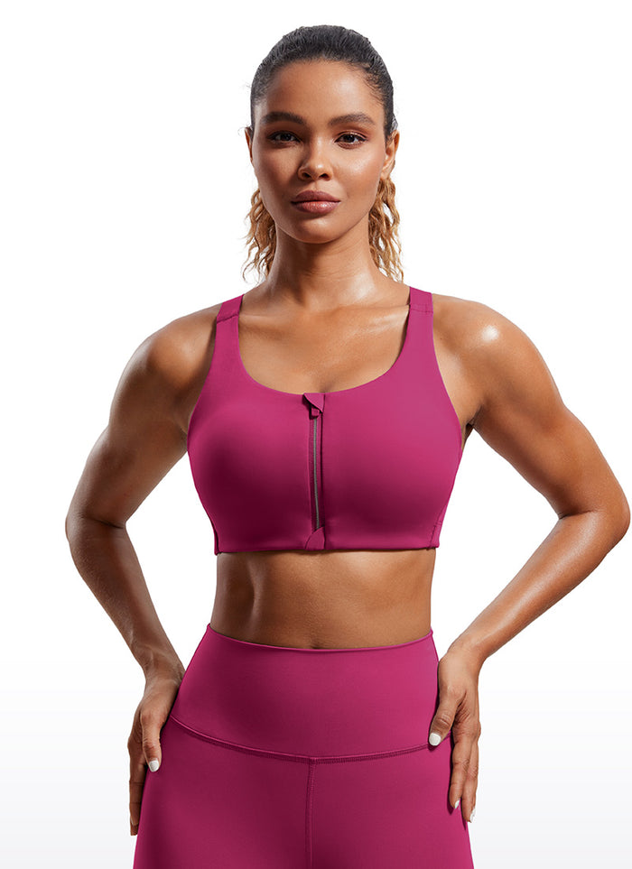 CRZ YOGA Womens Zip Front High Impact Sport Bra with Adjustable Straps Magenta Purple