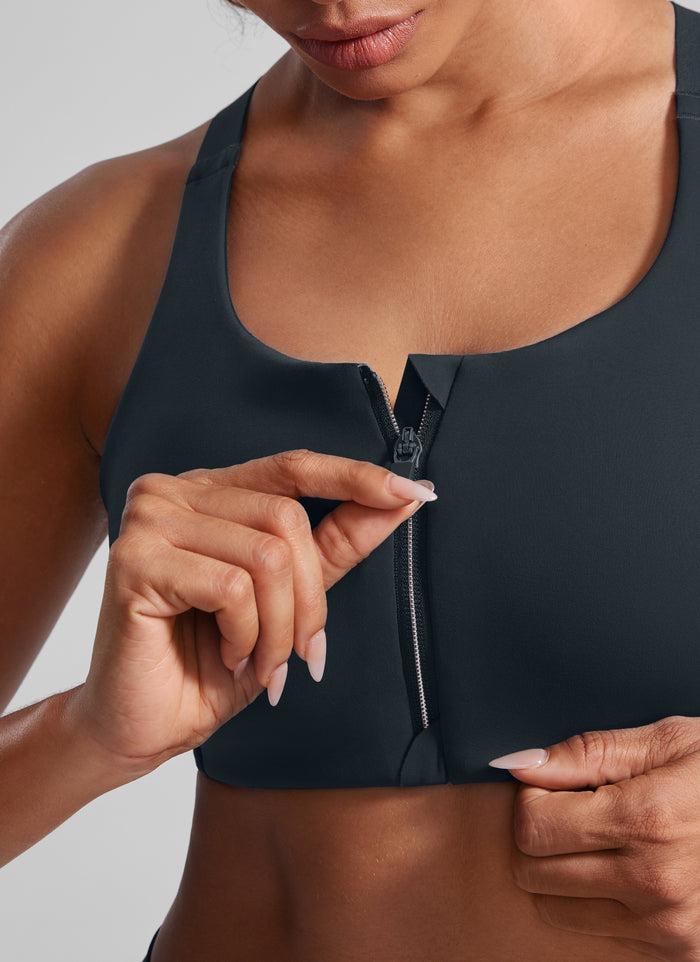 CRZ YOGA Womens Zip Front High Impact Sport Bra with Adjustable Straps True Navy