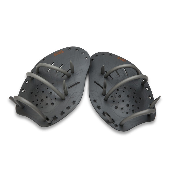 Large grey Zoggs Matrix hand paddles for swimming training, showing the textured surface and ergonomic design.