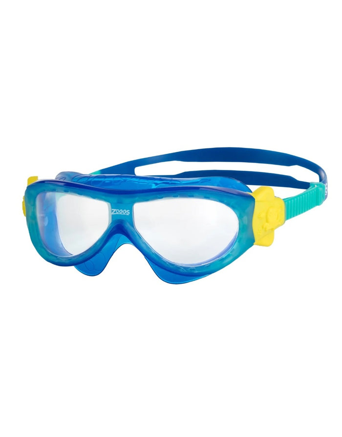 Zoggs Phantom kids goggles in blue, turquoise, and clear with adjustable straps and tinted lenses for swimming.